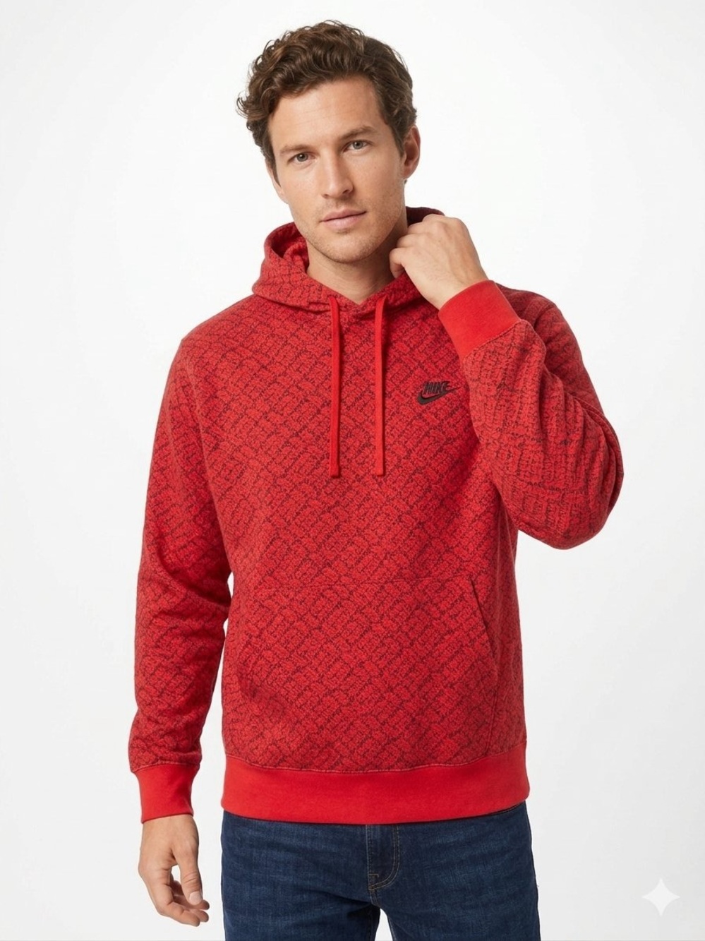 Nike Red All Over Print Logo Fleece Pullover Hoodie Size Large